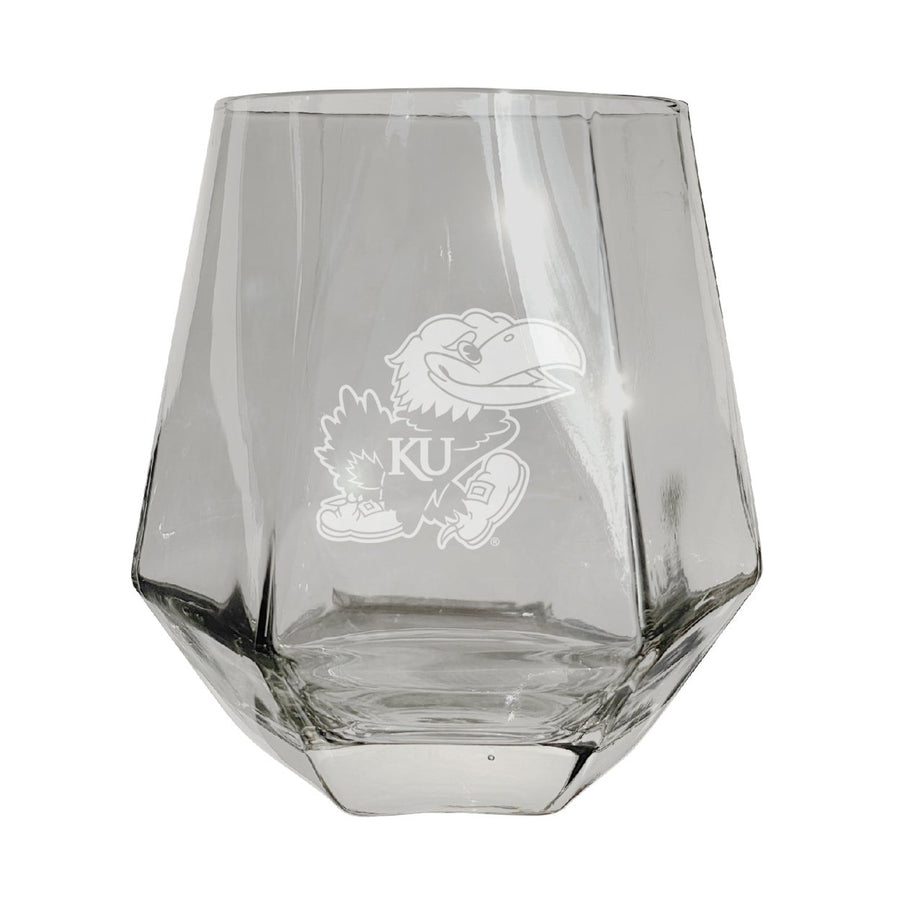 Kansas Jayhawks Etched Diamond Cut Stemless 10 ounce Wine Glass Clear Image 1