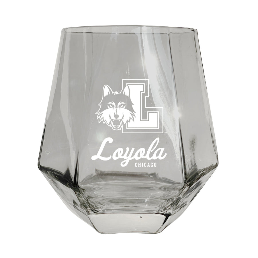 Loyola University Ramblers Etched Diamond Cut Stemless 10 ounce Wine Glass Clear Image 1
