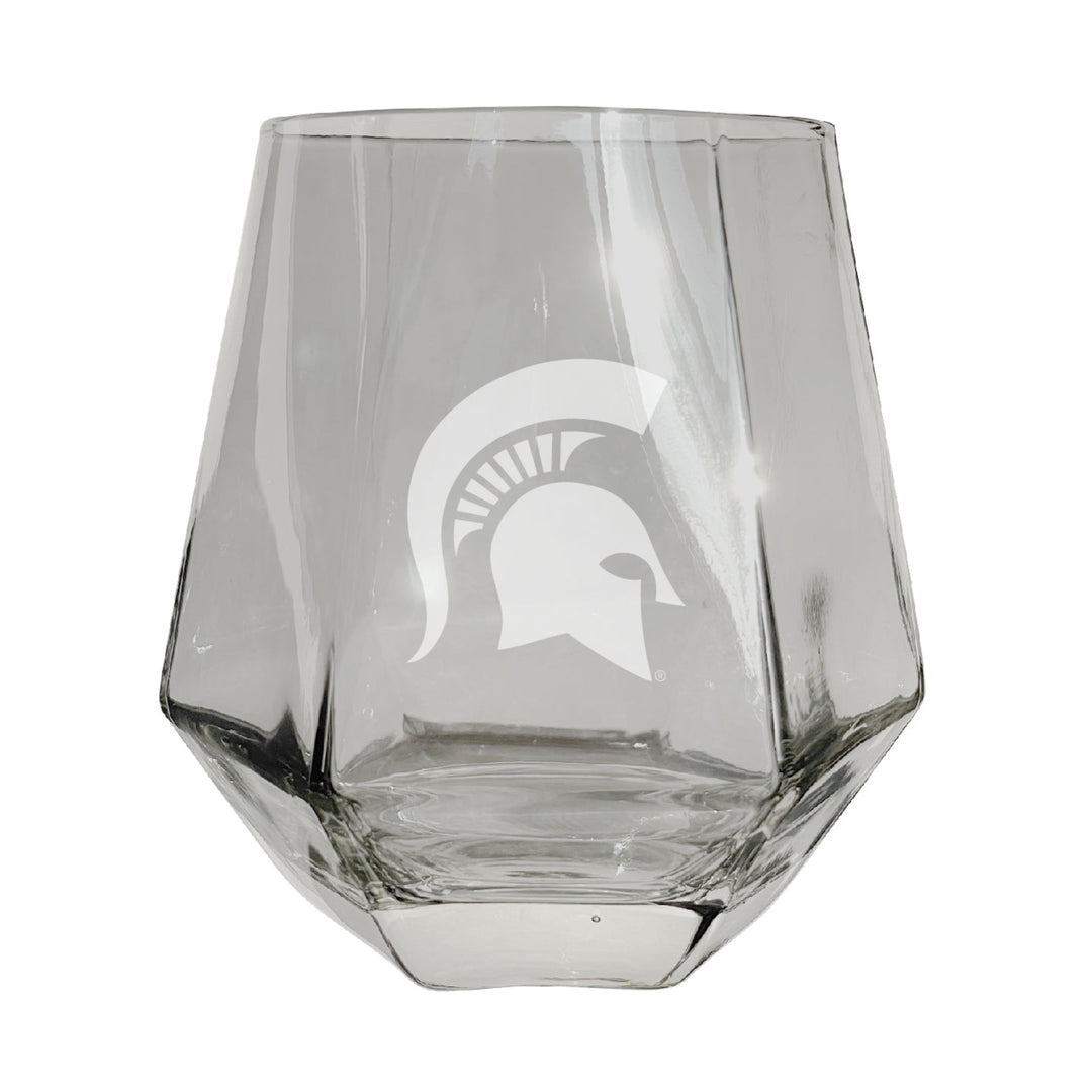 Michigan State Spartans Etched Diamond Cut Stemless 10 ounce Wine Glass Clear Image 1