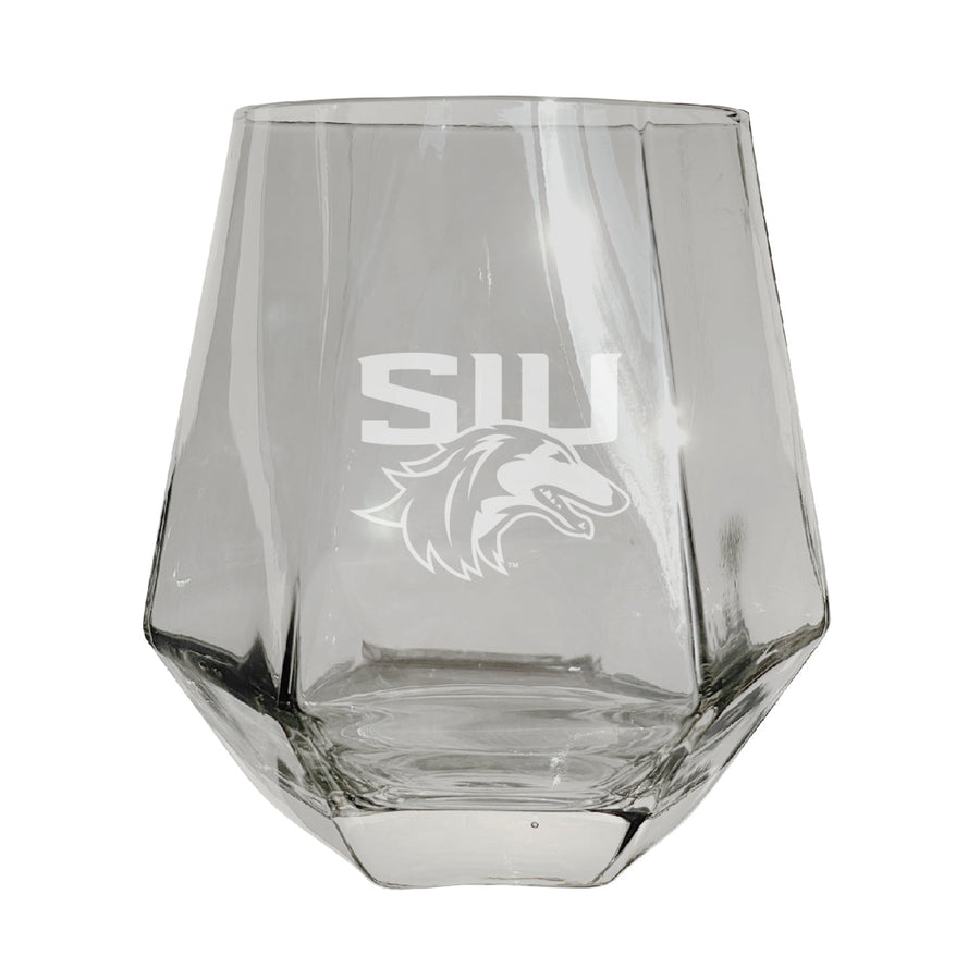 Southern Illinois Salukis Etched Diamond Cut Stemless 10 ounce Wine Glass Clear Image 1