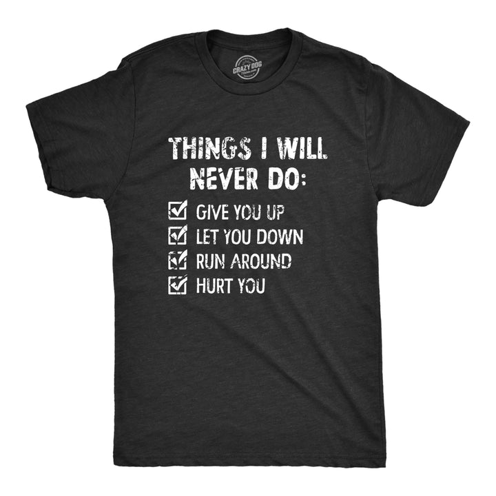 Mens Things I Will Never Do T Shirt Funny Song List Parody Tee For Guys Image 1