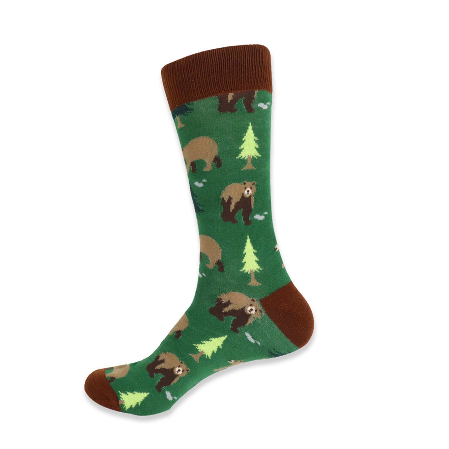 Mens Brown Bear Novelty Socks Outdoor Fun Camping Hiking  Bears Everywhere Socks Green and with Brown Bears Image 1