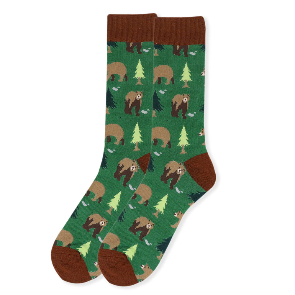Mens Brown Bear Novelty Socks Outdoor Fun Camping Hiking  Bears Everywhere Socks Green and with Brown Bears Image 2