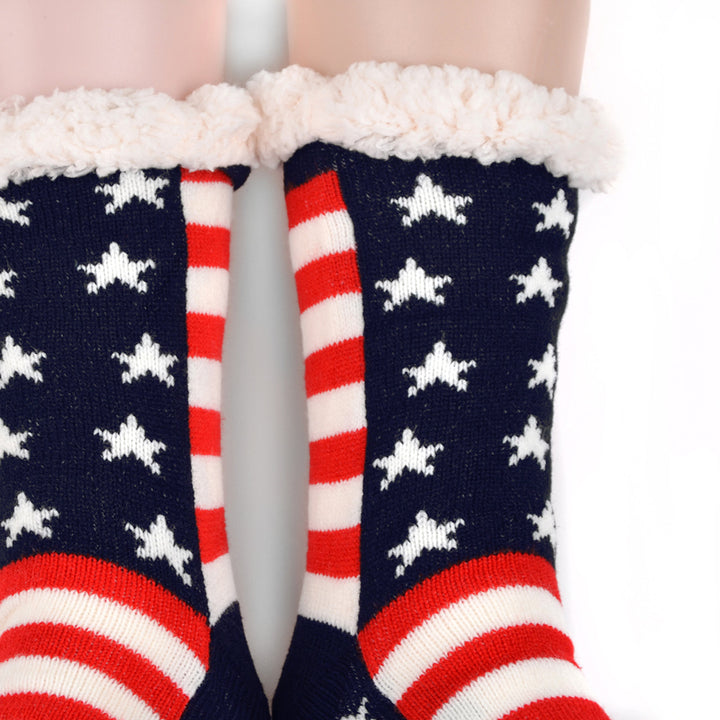 Womens Plush Fleece Lined Sherpa Slipper Socks Stars and Stripes Design Fluffy Socks Warm Socks Fuzzy Socks Image 2