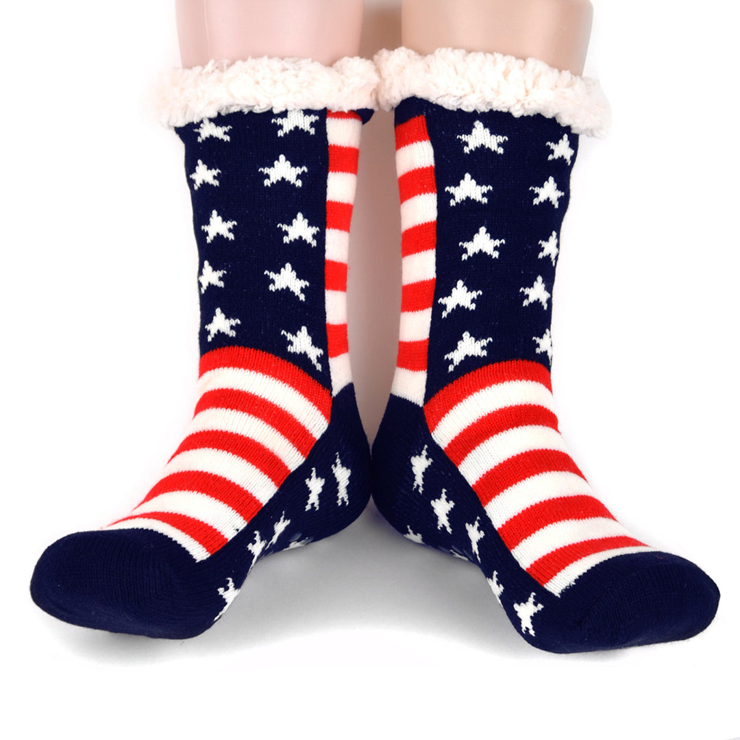 Womens Plush Fleece Lined Sherpa Slipper Socks Stars and Stripes Design Fluffy Socks Warm Socks Fuzzy Socks Image 4