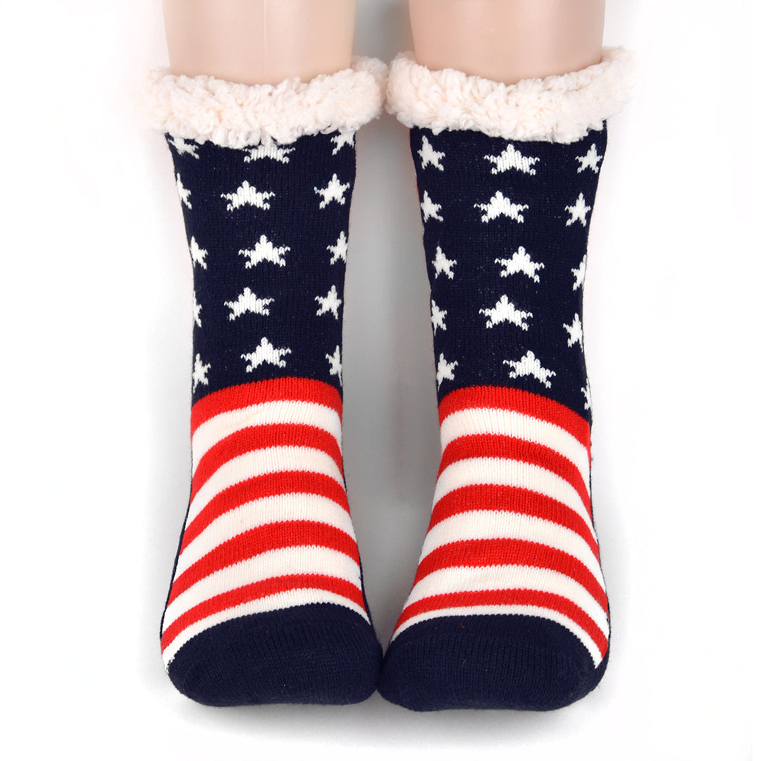 Womens Plush Fleece Lined Sherpa Slipper Socks Stars and Stripes Design Fluffy Socks Warm Socks Fuzzy Socks Image 6