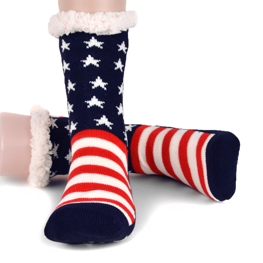Womens Plush Fleece Lined Sherpa Slipper Socks Stars and Stripes Design Fluffy Socks Warm Socks Fuzzy Socks Image 1