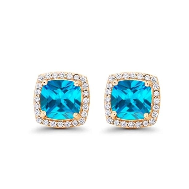 Paris Jewelry 24k Gold 1Ct Created Blue Topaz Halo Stud Earrings Plated Image 1