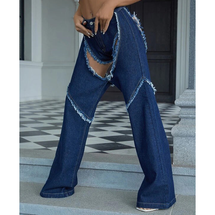 Cut Out Ripped Frayed Trim Straight Leg Jeans Image 4