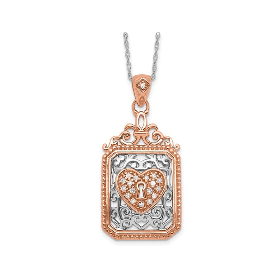 10K Rose and White Gold Filigree Heart and Lock Pendant Necklace with Chain and Diamonds Image 1