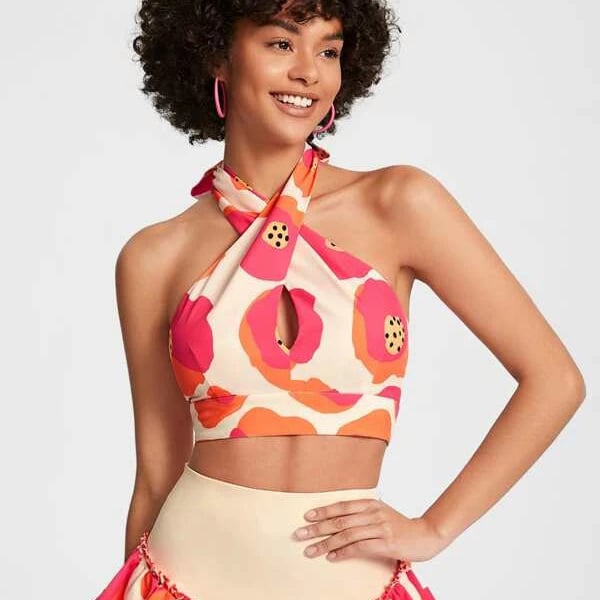 Graphic Print Crisscross Halter Top Image 4