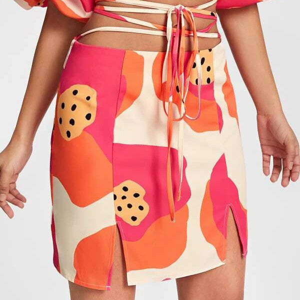 Graphic Print Tie Front Zip Side Skirt Image 4