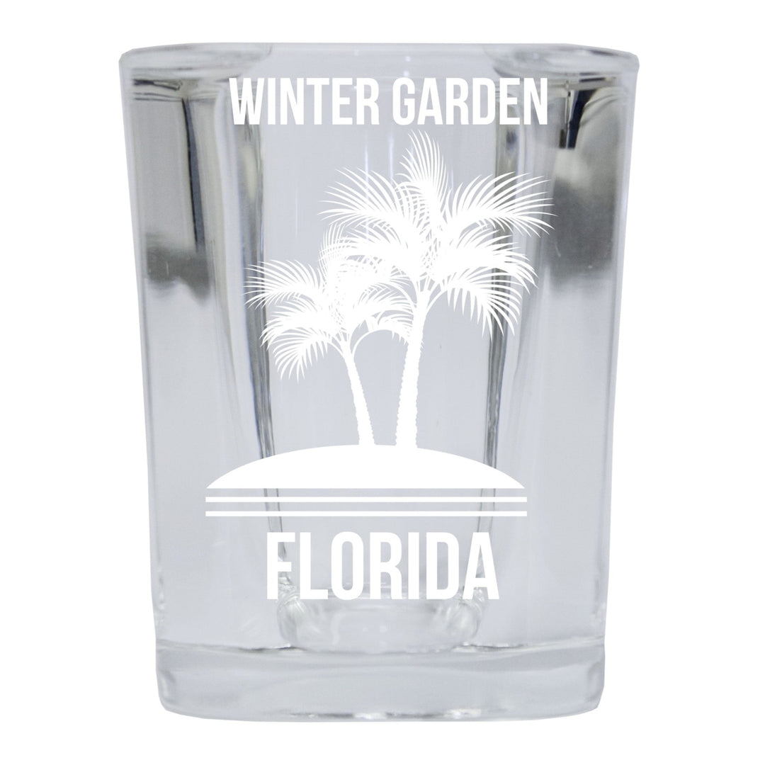 Winter Garden Florida Palm 2 Ounce Square Shot Glass laser etched Image 1