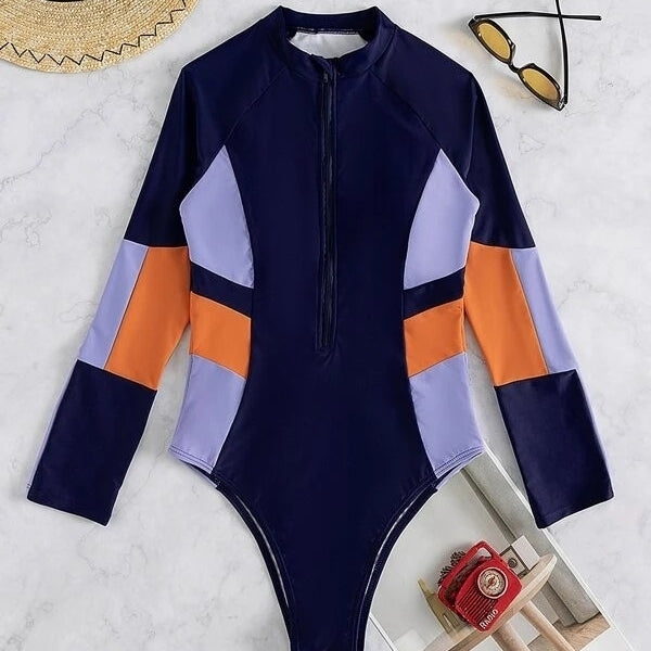 Color Block Raglan Sleeve Zip Front One Piece Swimsuit Image 4