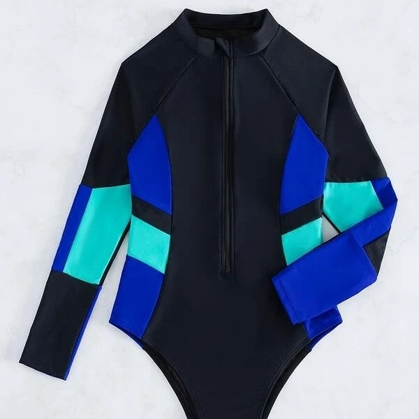 Color Block Raglan Sleeve Zip Front One Piece Swimsuit Image 9