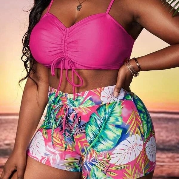 Plus Tropical Print Drawstring Bikini Swimsuit Image 1