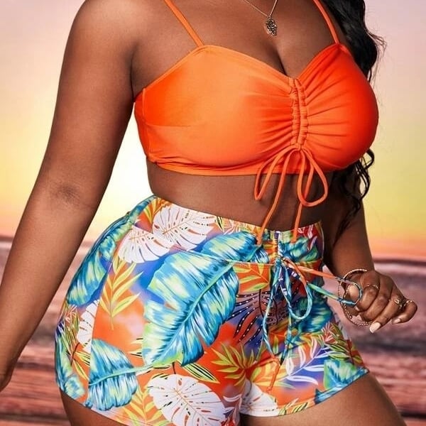 Plus Tropical Print Drawstring Bikini Swimsuit Image 1