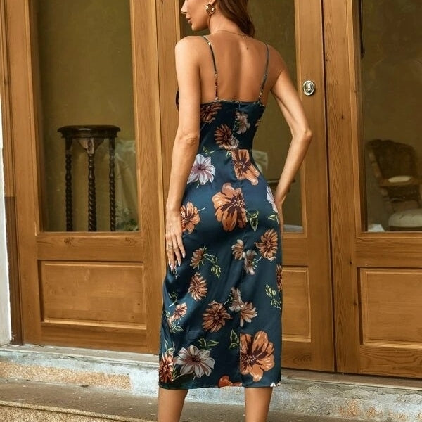 Floral Print Ruched Split Thigh Satin Cami Dress Image 4