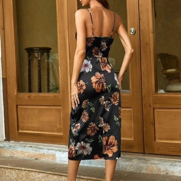 Floral Print Ruched Split Thigh Satin Cami Dress Image 7