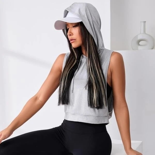 Cut Out Drawstring Sports Hoodie Image 1