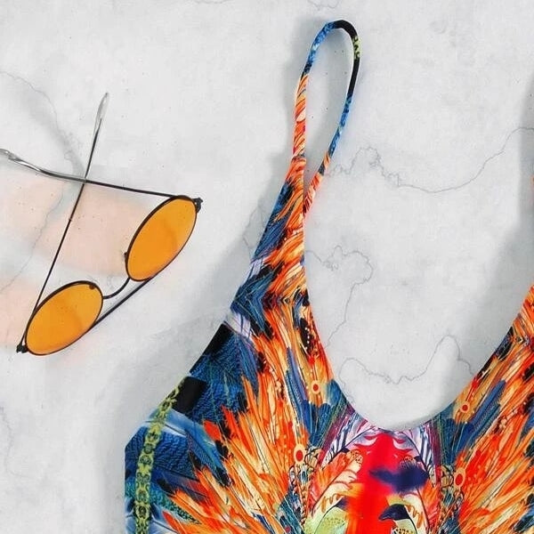 Allover Print Backless One Piece Swimsuit Image 3