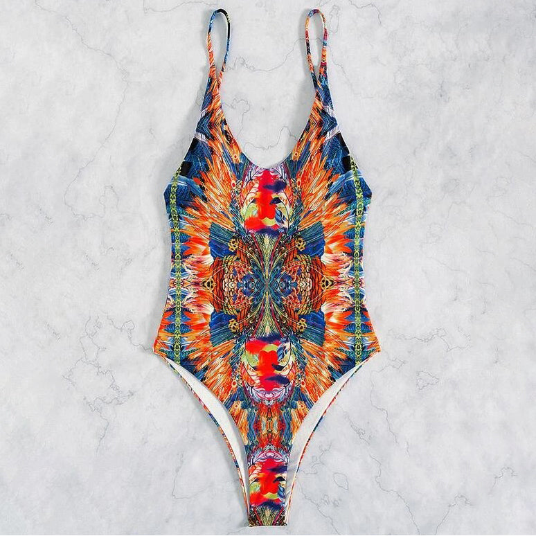 Allover Print Backless One Piece Swimsuit Image 4