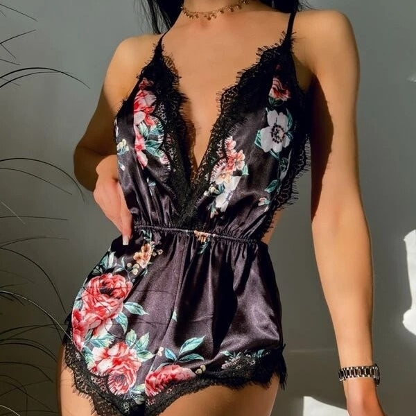 Floral Print Lace Trim Satin Teddy Bodysuit Image 1