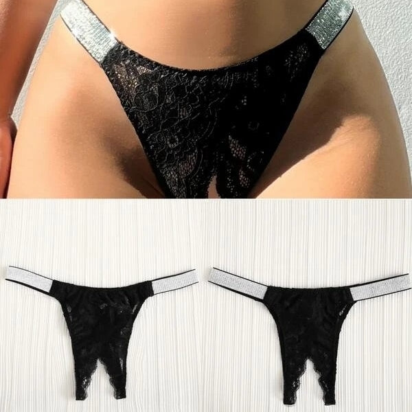 Lace Insert Contrast Tape Crotchless Thong Image 1