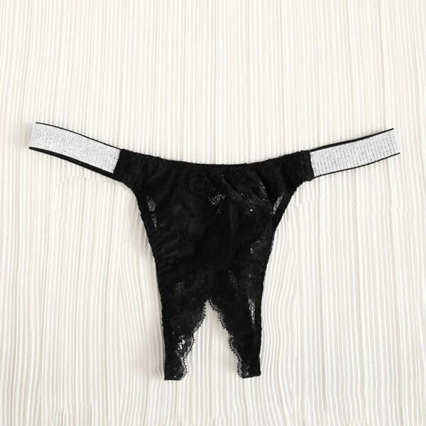 Lace Insert Contrast Tape Crotchless Thong Image 6
