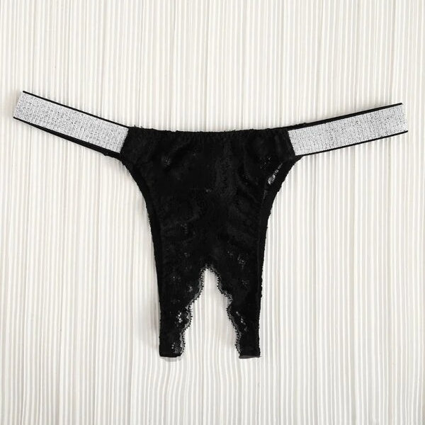 Lace Insert Contrast Tape Crotchless Thong Image 7