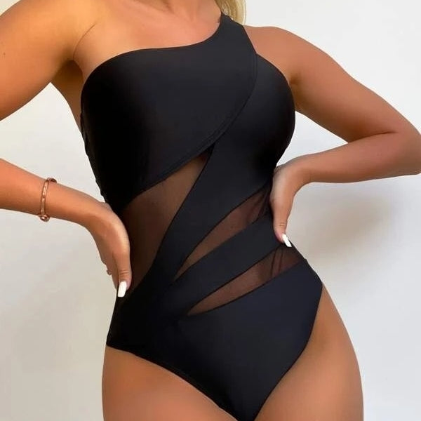 Plain Contrast Mesh One Shoulder One Piece Swimsuit Image 1