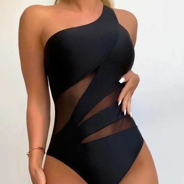 Plain Contrast Mesh One Shoulder One Piece Swimsuit Image 3