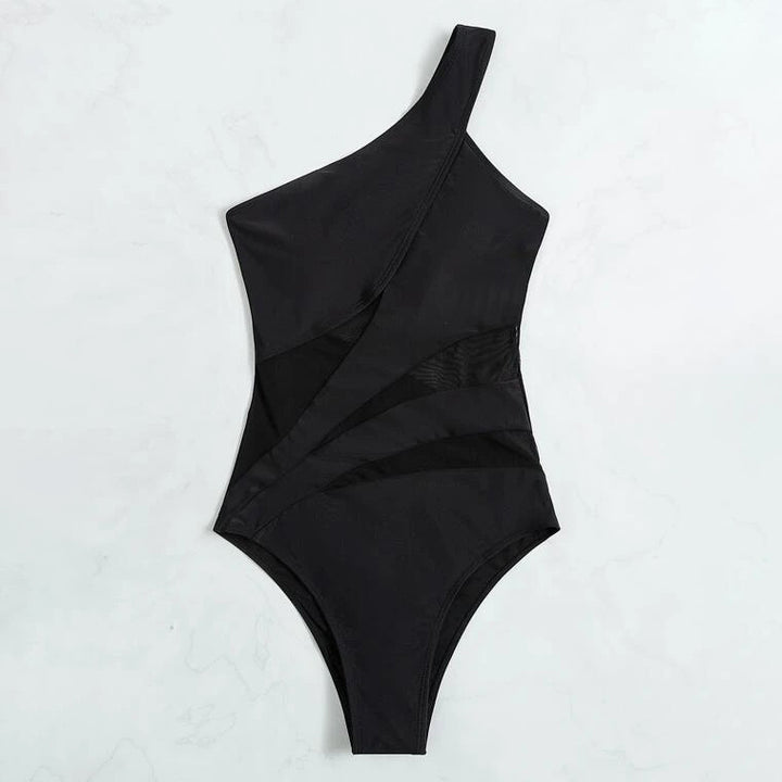 Plain Contrast Mesh One Shoulder One Piece Swimsuit Image 4