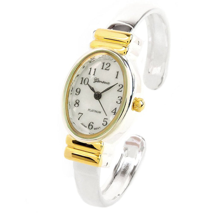 2Tone Small Size Oval Face Metal Band Womens Bangle Cuff Watch Image 1