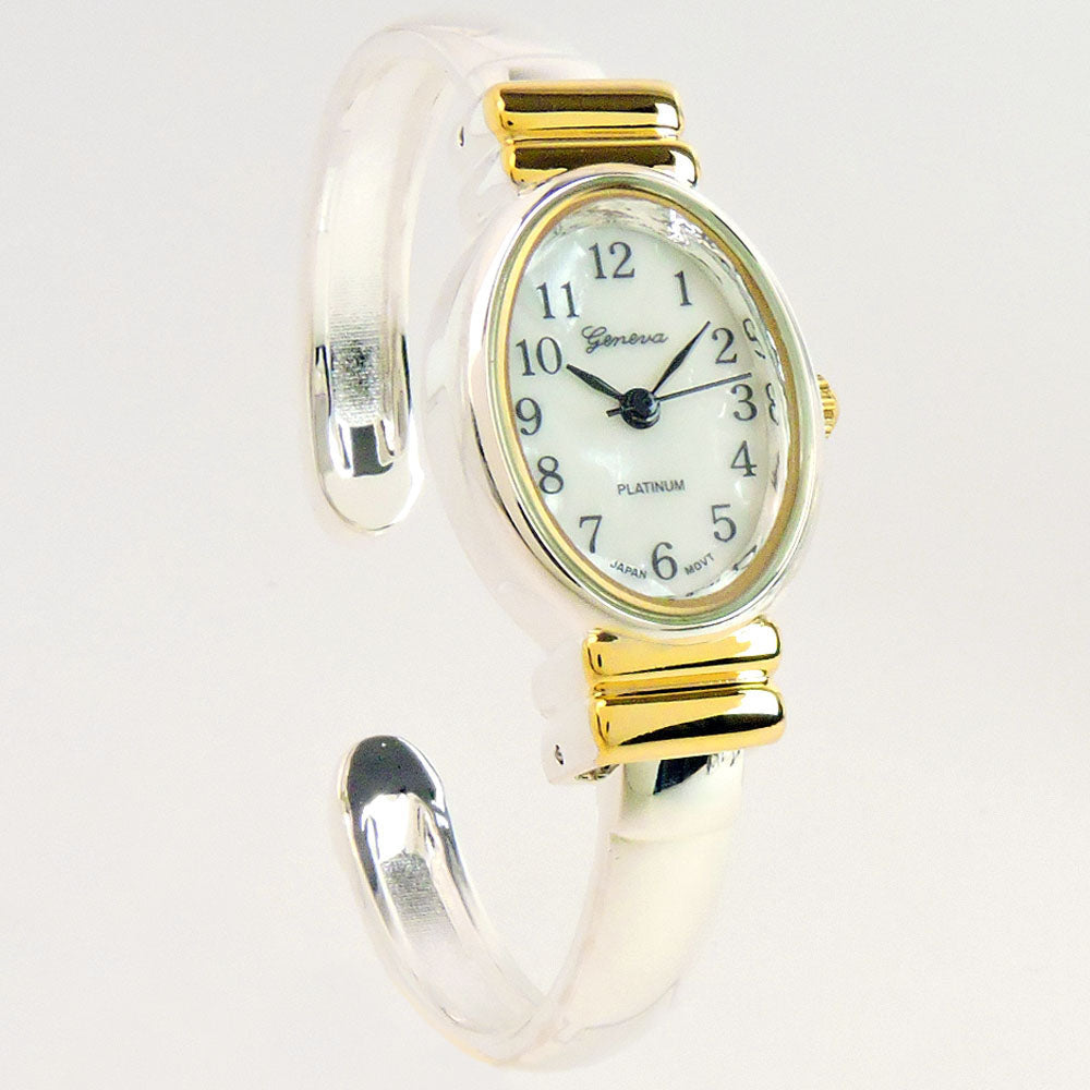 2Tone Small Size Oval Face Metal Band Womens Bangle Cuff Watch Image 2