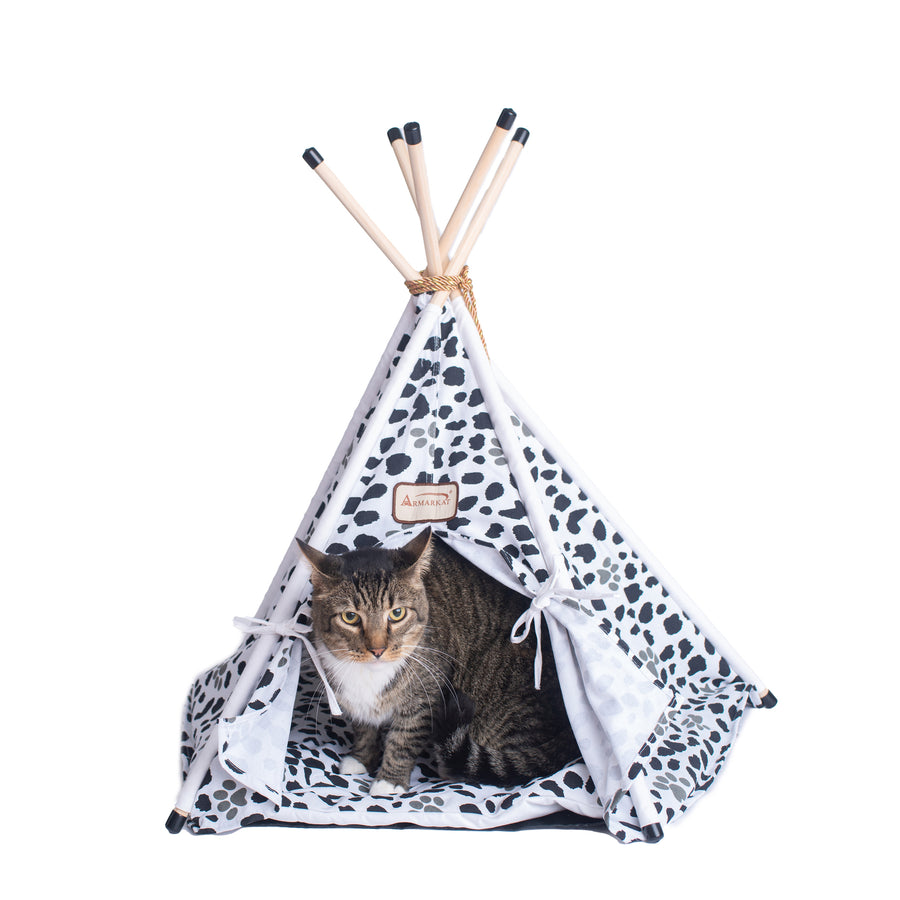 Armarkat Cat Bed Model C46, Teepee style White With black paw print Image 1