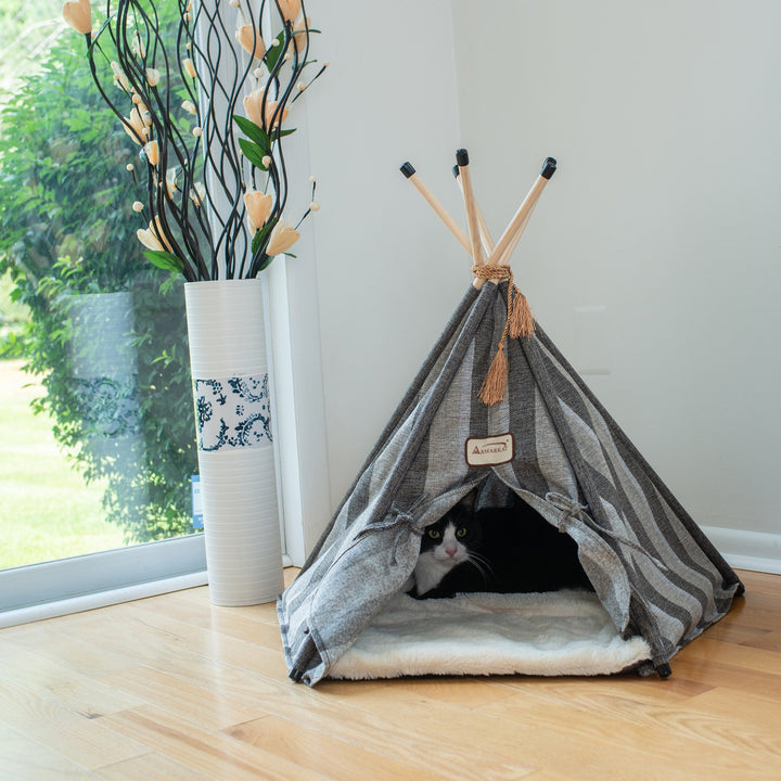 Armarkat Cat Bed C56 Teepee Gray Striped Pattern Soft Plush Durable Water Resistant Image 3