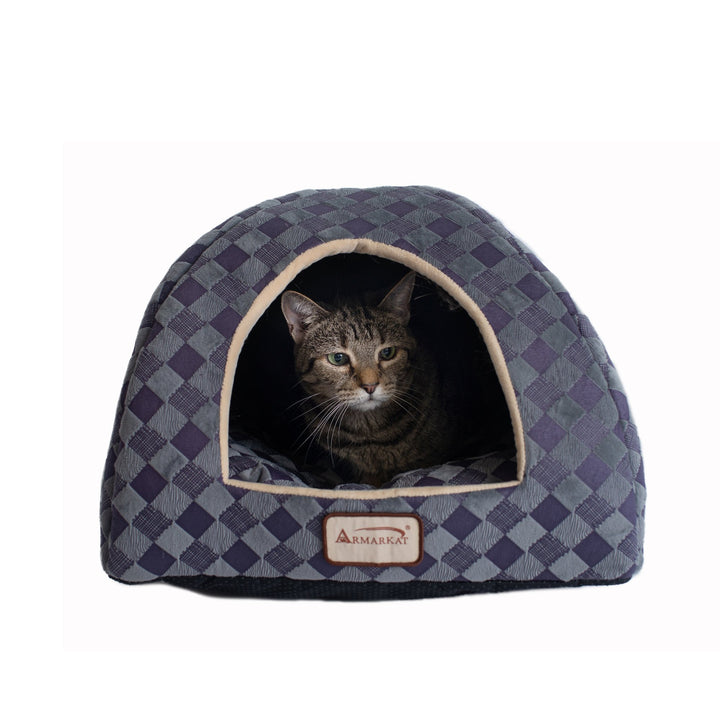 Armarkat Cat Bed C65 Purple Gray Checkered Dome Small Dog Foam Fabric Image 1