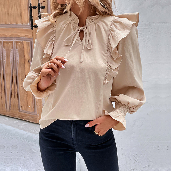 Ruffled Long-sleeved Solid Color Shirt For Women Image 1