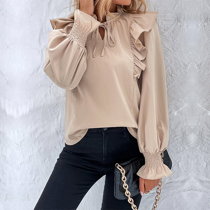 Ruffled Long-sleeved Solid Color Shirt For Women Image 2