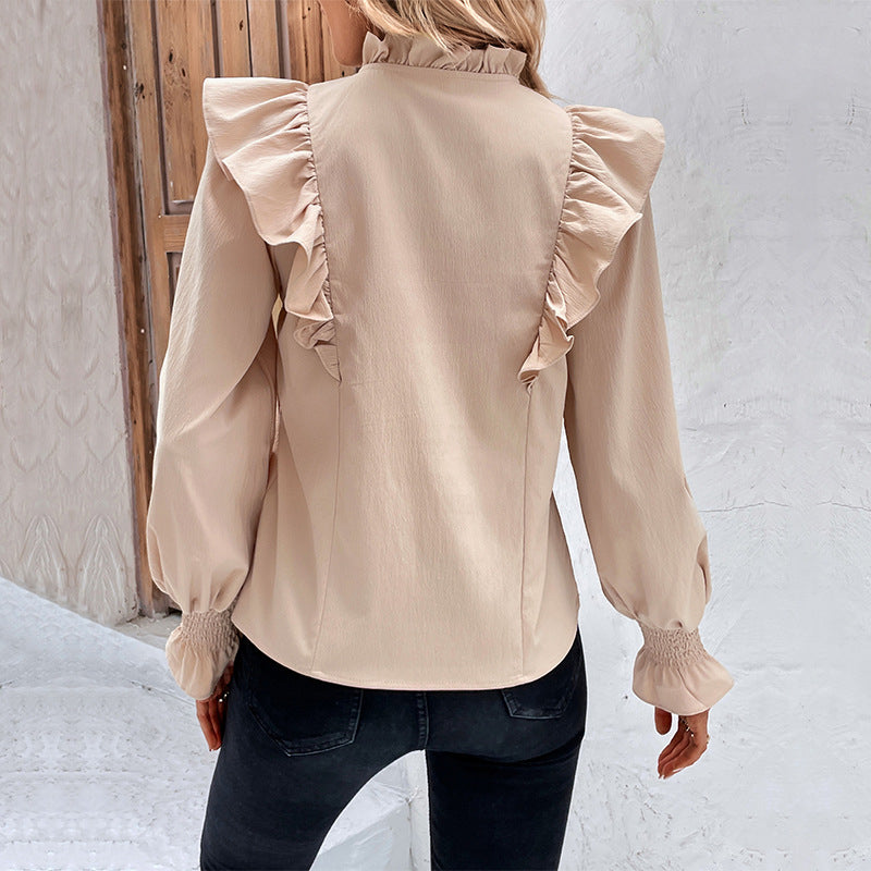 Ruffled Long-sleeved Solid Color Shirt For Women Image 3