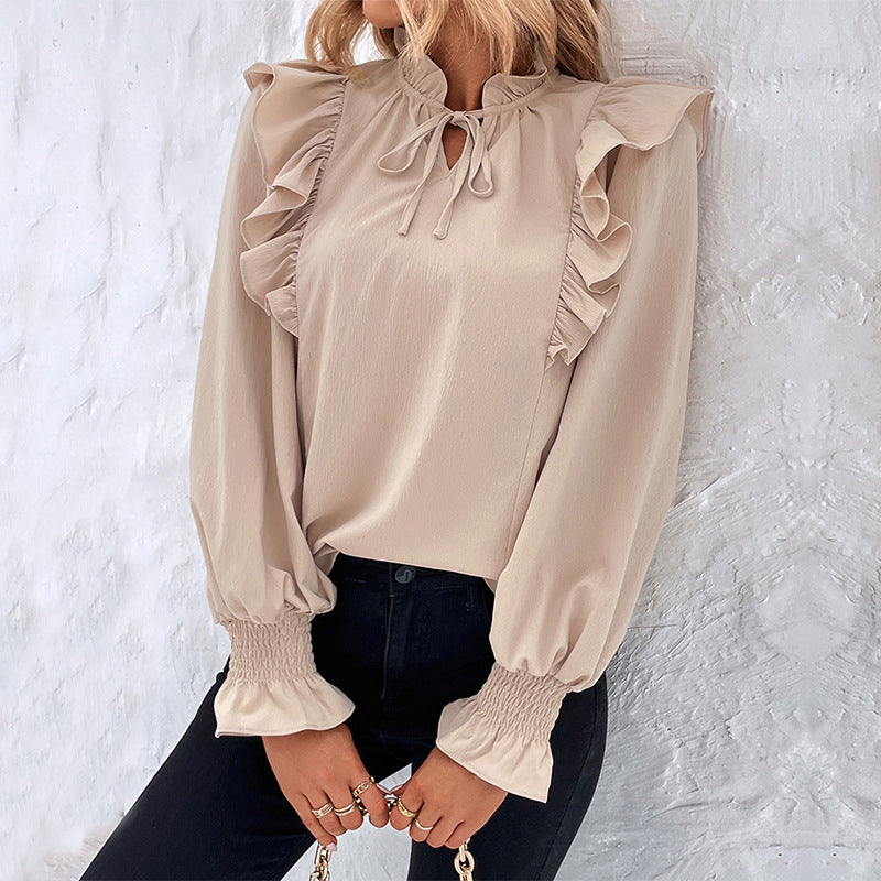 Ruffled Long-sleeved Solid Color Shirt For Women Image 4