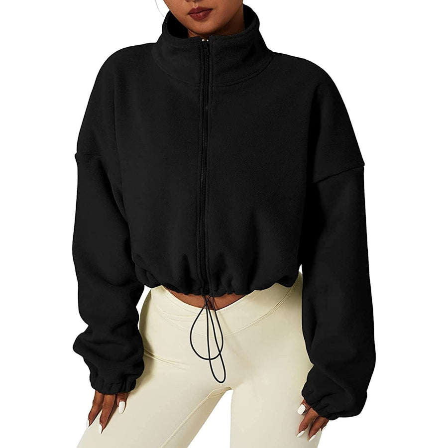Womens Full Zip Fleece Short Jacket Warm Winter Long Sleeve Stand Collar Sherpa Crop Coat Image 1