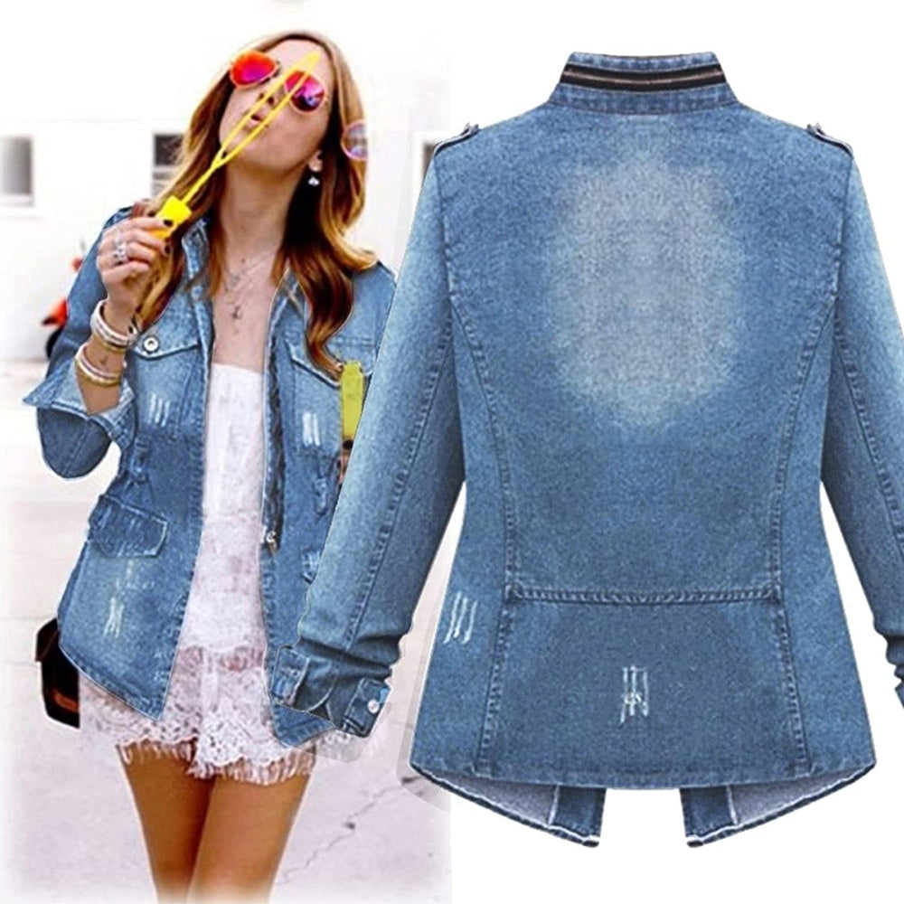 Plus Size Casual Womens Ladies Denim Oversize Jeans Chain Jacket Pocket Coat Image 2