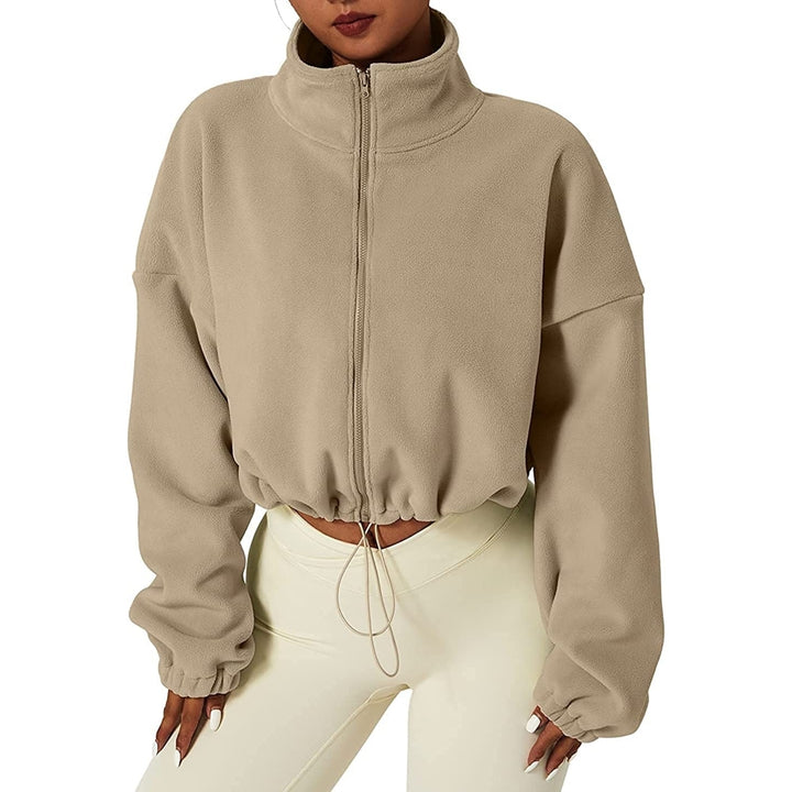 Womens Full Zip Fleece Short Jacket Warm Winter Long Sleeve Stand Collar Sherpa Crop Coat Image 6