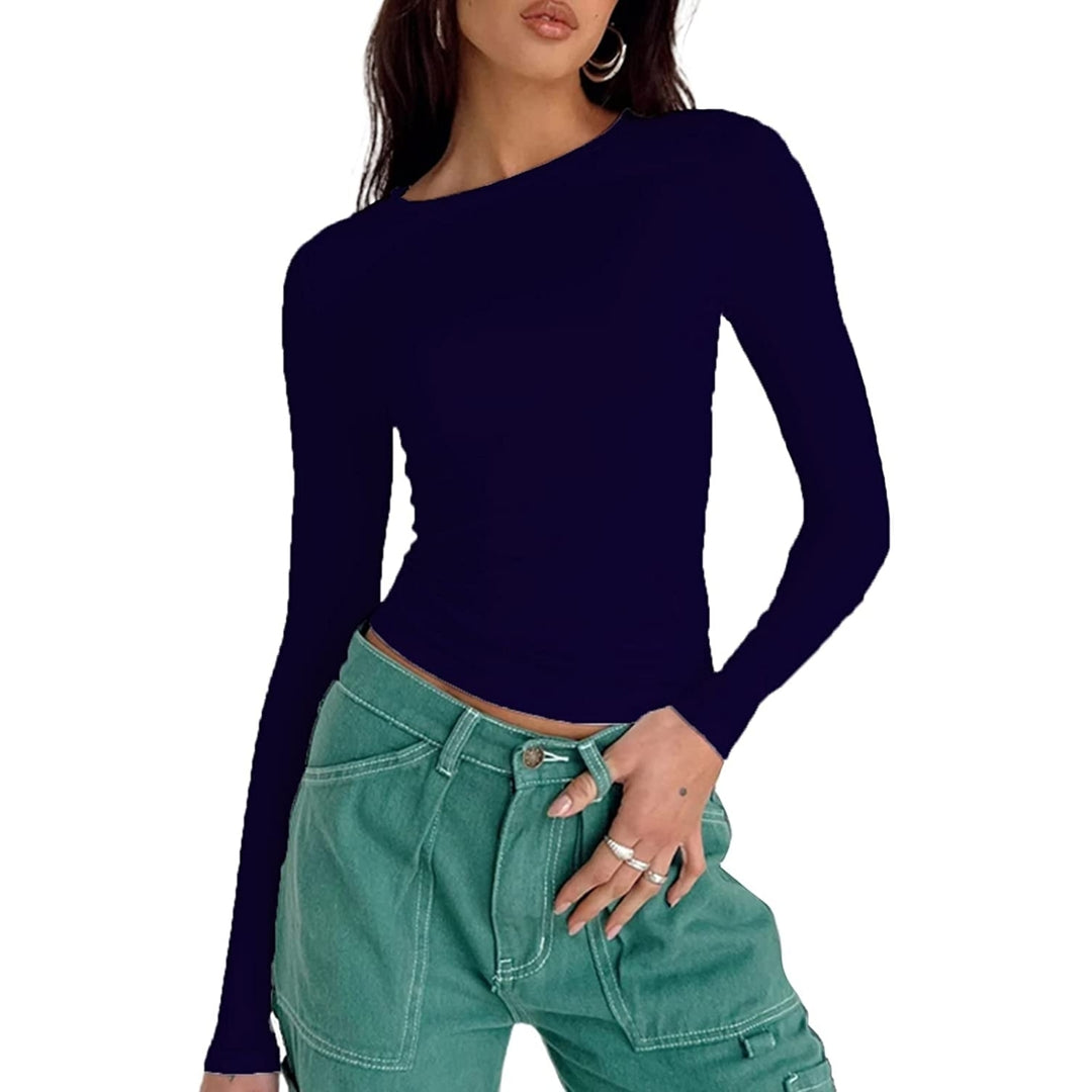 Womens Slim Fit Going Out Crop Tops Casual Solid Color Crew Neck Long Sleeve Tight Tee Shirt Basic Streetwear Image 6