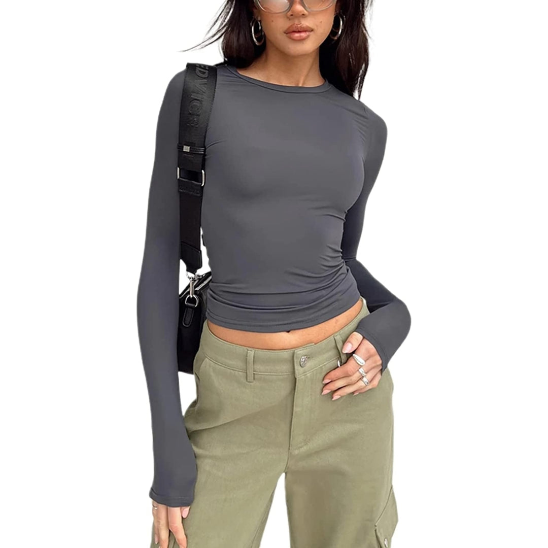 Womens Slim Fit Going Out Crop Tops Casual Solid Color Crew Neck Long Sleeve Tight Tee Shirt Basic Streetwear Image 7