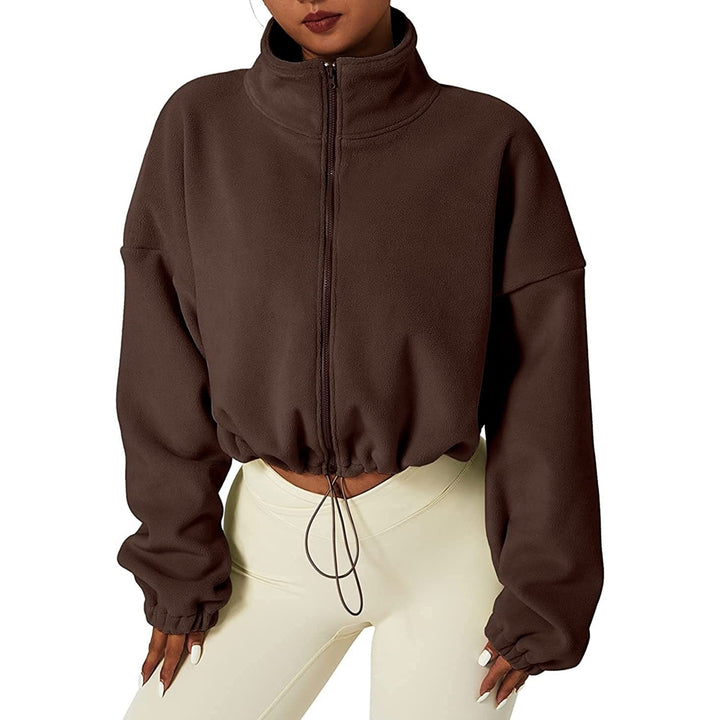 Womens Full Zip Fleece Short Jacket Warm Winter Long Sleeve Stand Collar Sherpa Crop Coat Image 7