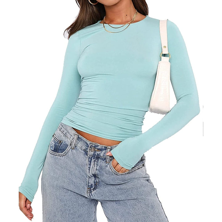 Womens Slim Fit Going Out Crop Tops Casual Solid Color Crew Neck Long Sleeve Tight Tee Shirt Basic Streetwear Image 9