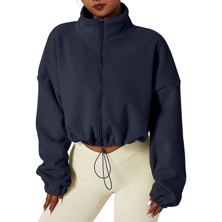 Womens Full Zip Fleece Short Jacket Warm Winter Long Sleeve Stand Collar Sherpa Crop Coat Image 1